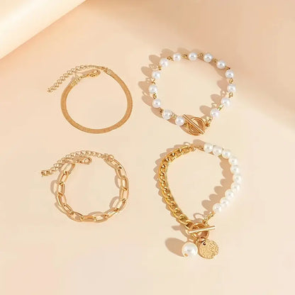 Elegantní zlatá sada náramků 4 kusy - had, perly a články | Zlato